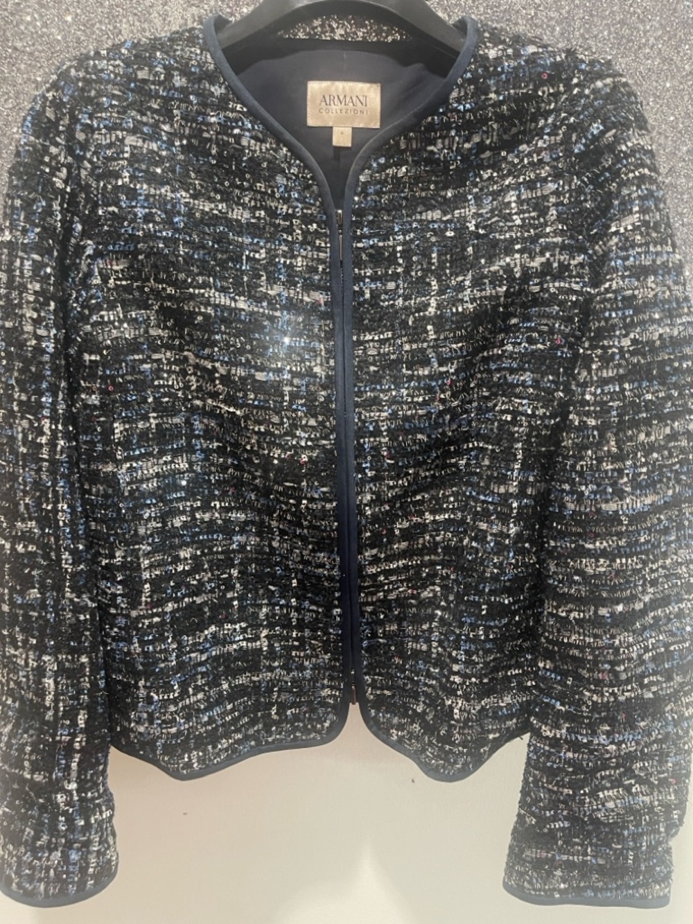 Armani Collezioni Navy and White Tweed Collarless Jacket